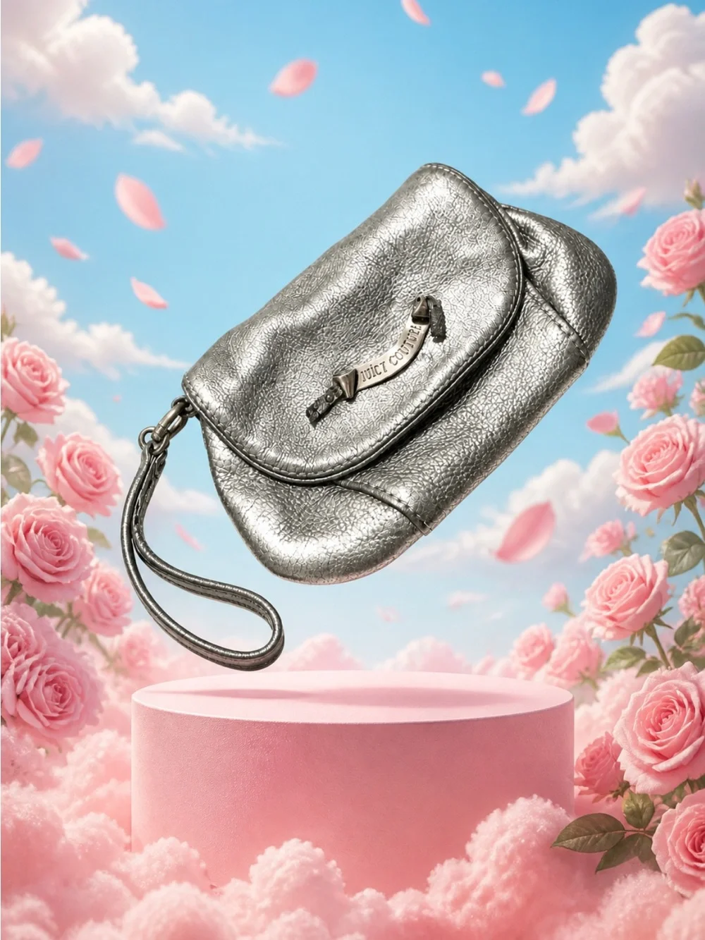 Juicy Couture Metallic Charcoal Pebbled Leather Wristlet
